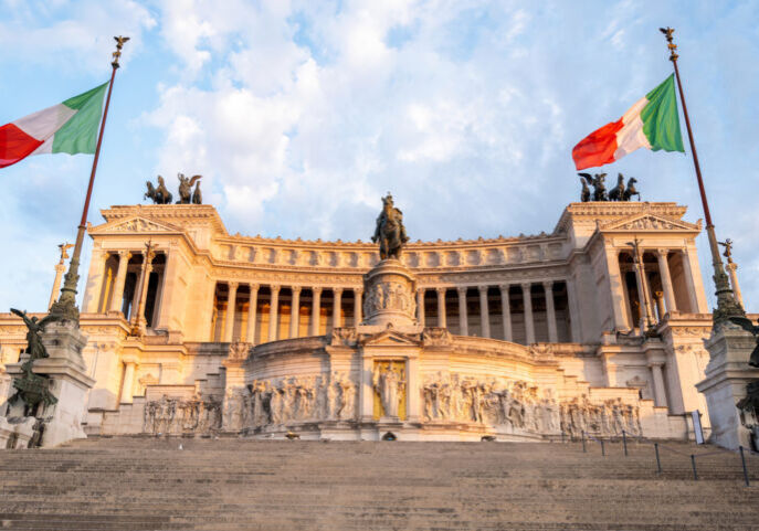 Victor Emmanuel II Monument located in the ancient center of Rome at sunset, Italy